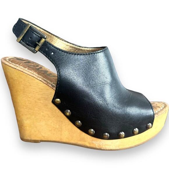 Sam Edelman Camilla Black Leather Open Toe Slingback Wood Wedge Heels Size 6 - Picture 3 of 11